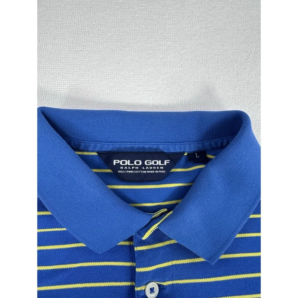 Polo Golf Ralph Lauren Mens Large Blue Yellow Striped Pima Cotton Polo Shirt